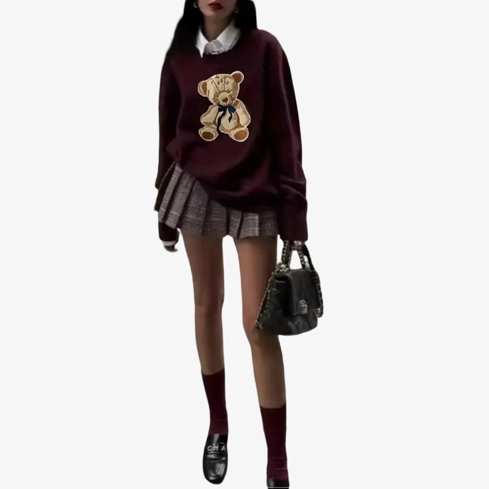 New Women's Burgundy Adorable Graphic Teddy Bear Knit Sweater Soft & Cozy XXL - Picture 8 of 10
